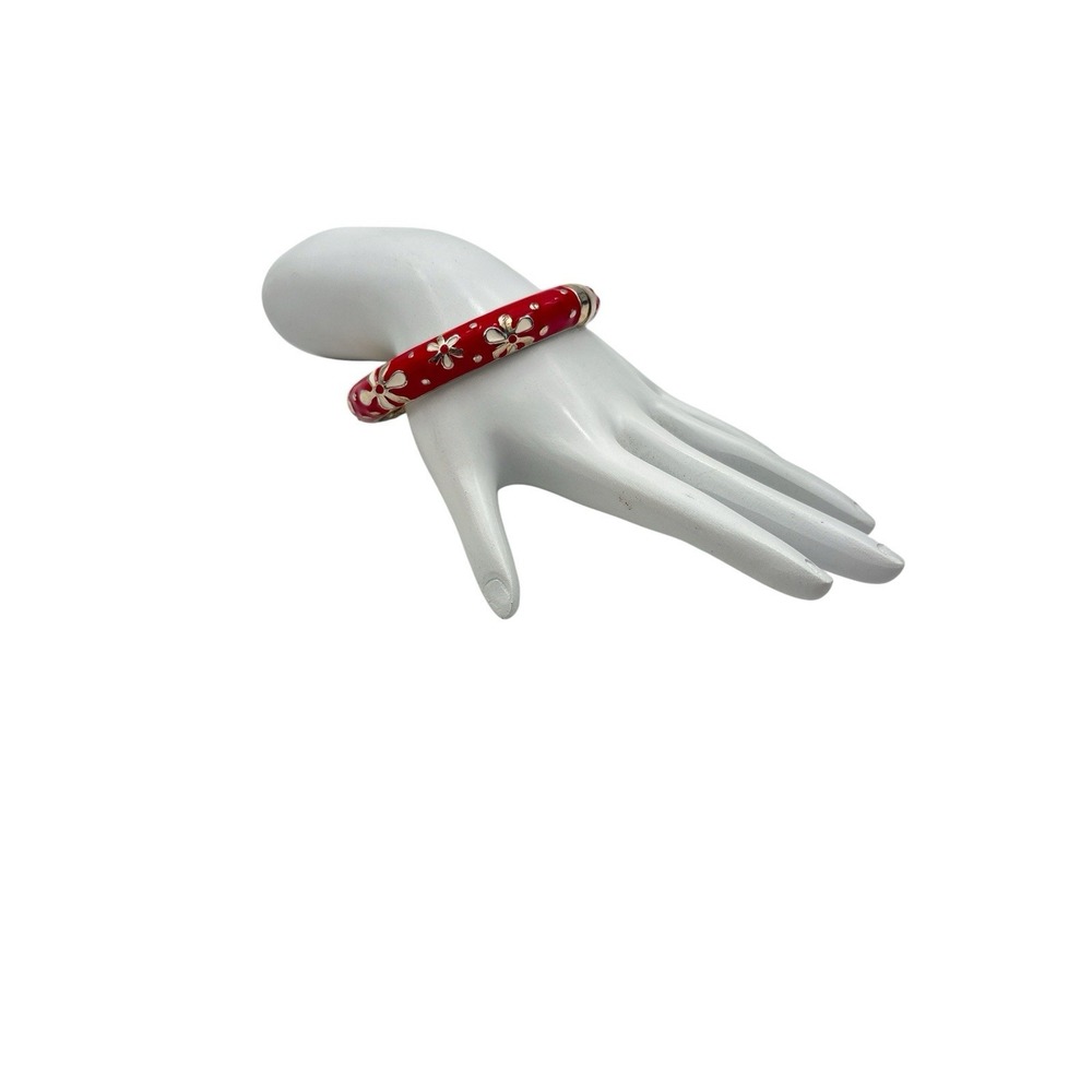 Vintage Gold Tone Red Enamel White Silver Flowers Hinged Bangle Bracelet